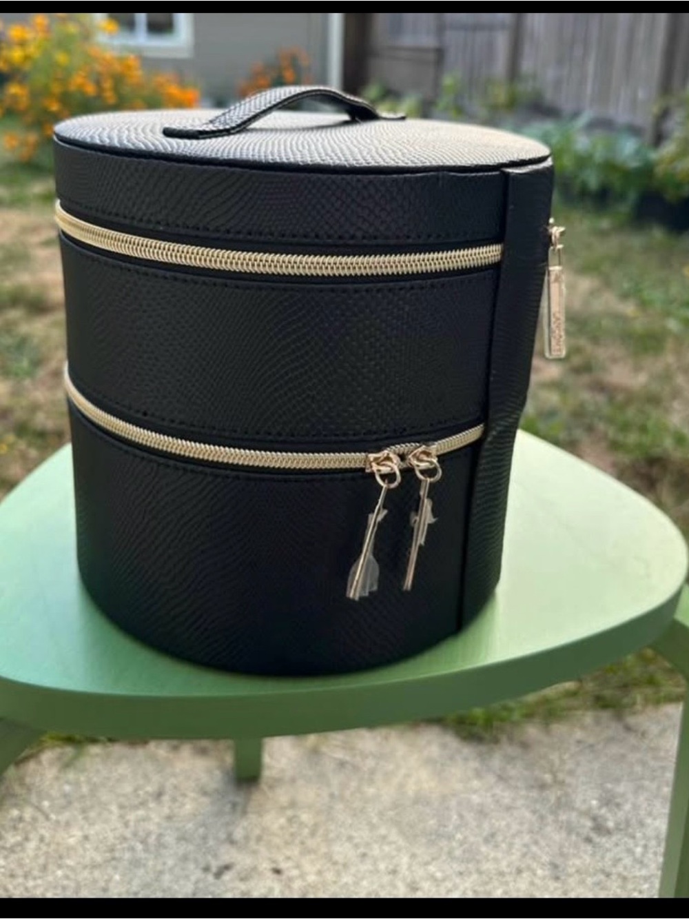 Lancome Black Round Double-Zip Cosmetic Case with Gold Hardware